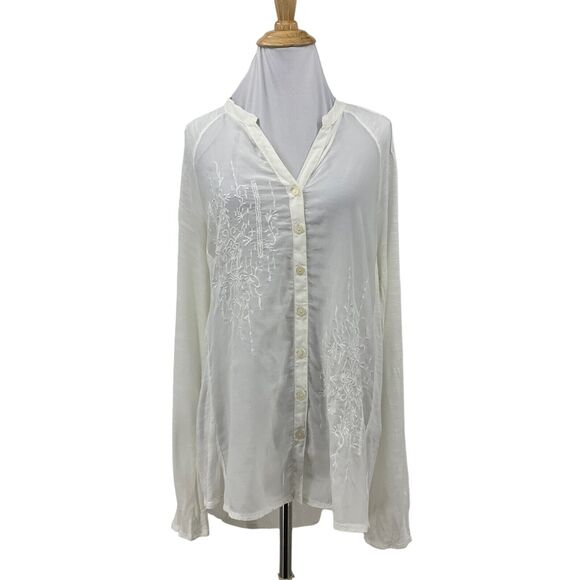 Coldwater Creek Embroidered Tunic Womens M Medium White Button Front Semi Sheer - Picture 1 of 15